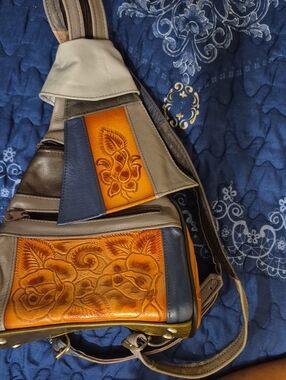 Hand-Tooled Leather Sling Bag in Orange, Gray and Blue